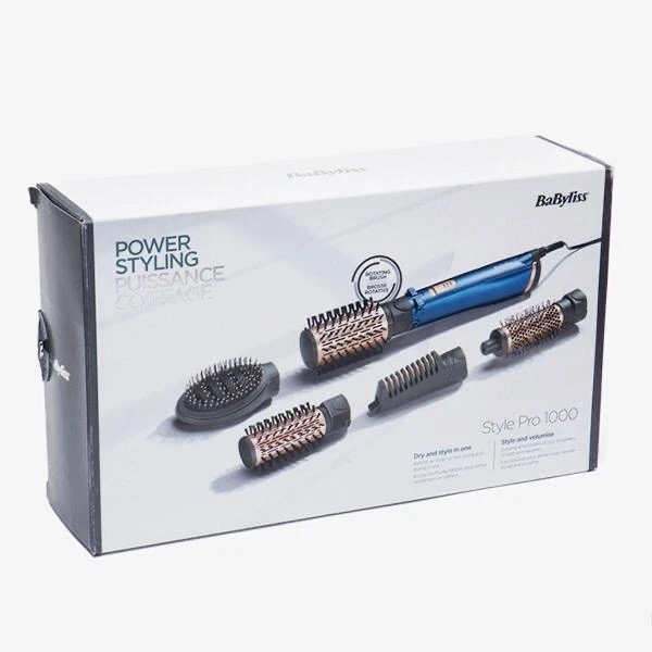 سشوار برسدار چرخشی 1000 وات بابلیس مدل AS965E، موتور DC، وزن 500 گرم، المنت سرامیک، دارای سری برسدار گرد پهن با ویژگی صافکنندگی، حجمدهندگی