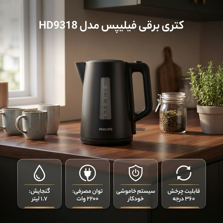 کتری برقی فیلیپس مدل HD9318 گنجایش 1.7 لیتر